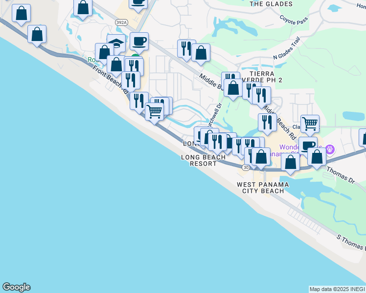 map of restaurants, bars, coffee shops, grocery stores, and more near in Panama City Beach