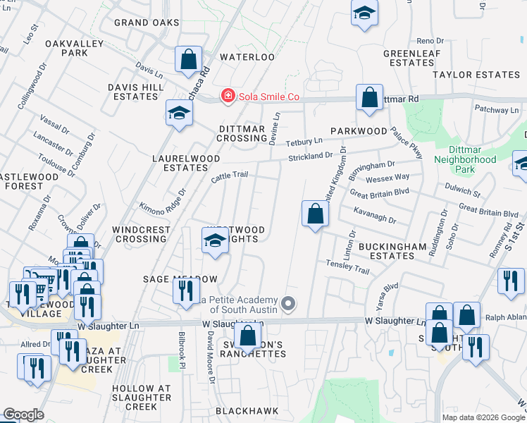map of restaurants, bars, coffee shops, grocery stores, and more near 1302 Rail Fence Cove in Austin