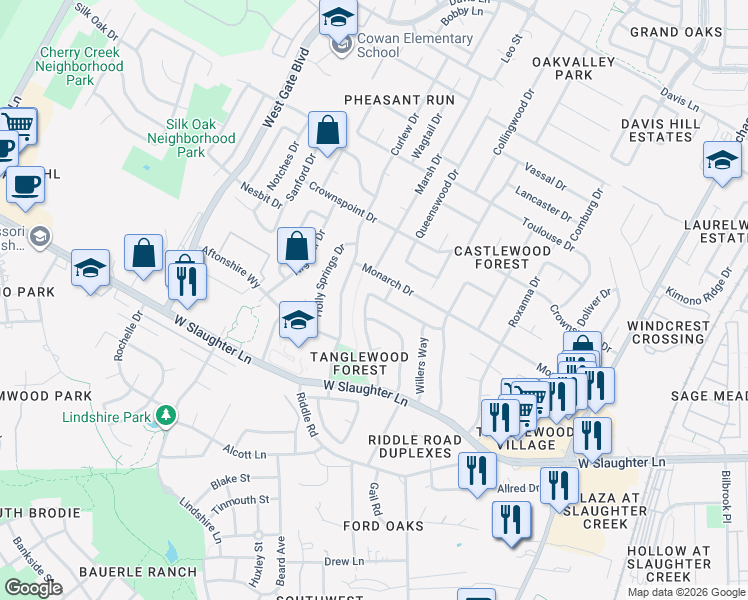map of restaurants, bars, coffee shops, grocery stores, and more near 286 Princewood Pass in Austin