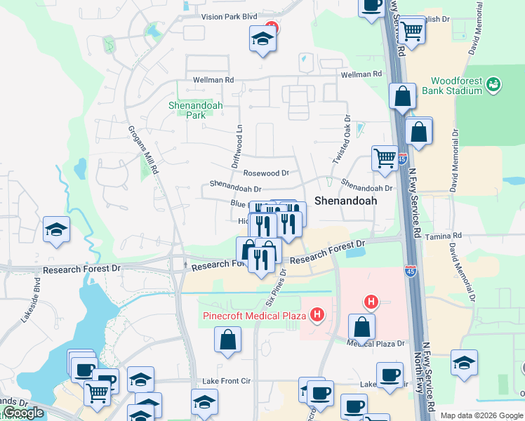map of restaurants, bars, coffee shops, grocery stores, and more near 614 Blue Ridge Drive in Shenandoah