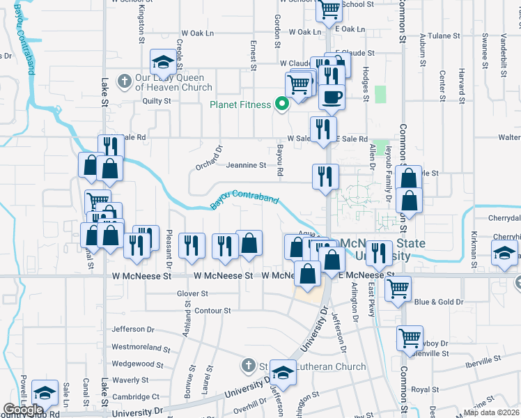 map of restaurants, bars, coffee shops, grocery stores, and more near 4307 Sarver Street in Lake Charles
