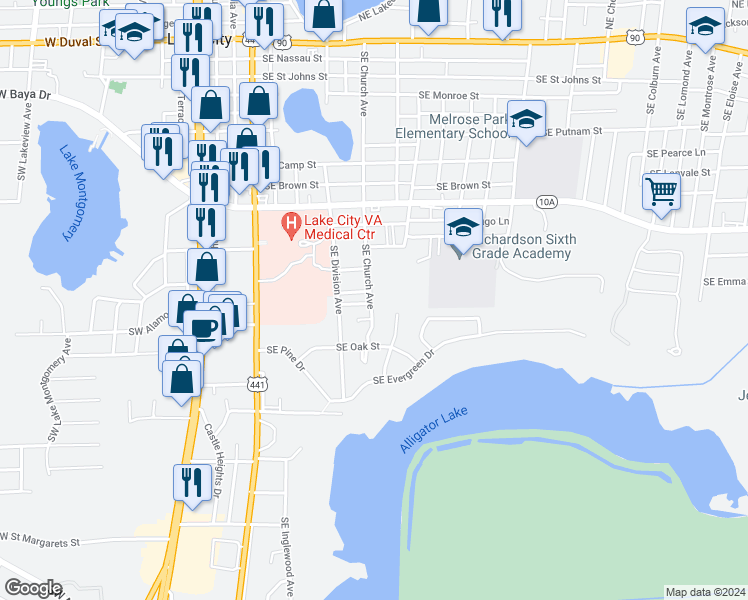 map of restaurants, bars, coffee shops, grocery stores, and more near 201 Southeast Church Avenue in Lake City