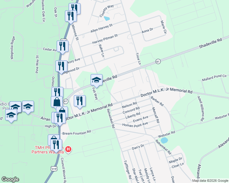 map of restaurants, bars, coffee shops, grocery stores, and more near 108 Eagle's Ridge Drive in Crawfordville
