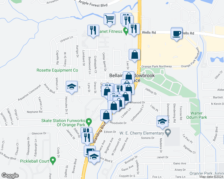 map of restaurants, bars, coffee shops, grocery stores, and more near 135 Noel Road in Orange Park