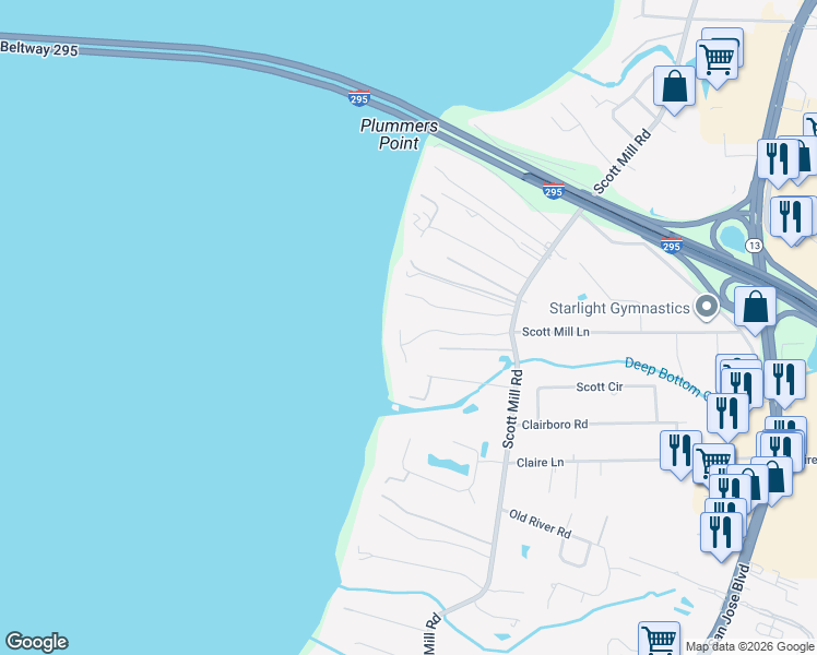 map of restaurants, bars, coffee shops, grocery stores, and more near 10735 Waverly Bluff Way in Jacksonville