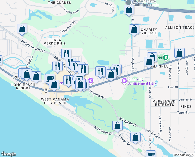 map of restaurants, bars, coffee shops, grocery stores, and more near 1900 Flagg Avenue in Panama City Beach