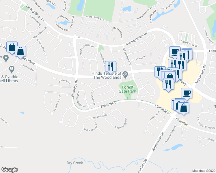 map of restaurants, bars, coffee shops, grocery stores, and more near 191 Hazelcrest Drive in Spring