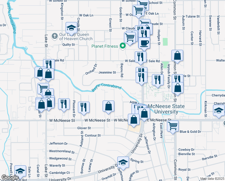 map of restaurants, bars, coffee shops, grocery stores, and more near 4307 Sarver Street in Lake Charles