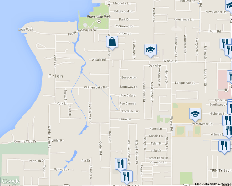 map of restaurants, bars, coffee shops, grocery stores, and more near 2744 Rue Calais in Lake Charles