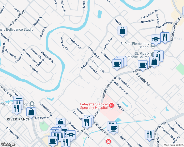 map of restaurants, bars, coffee shops, grocery stores, and more near 125 Saxon Drive in Lafayette