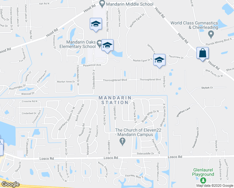 map of restaurants, bars, coffee shops, grocery stores, and more near 10777 Lippizan Drive in Jacksonville