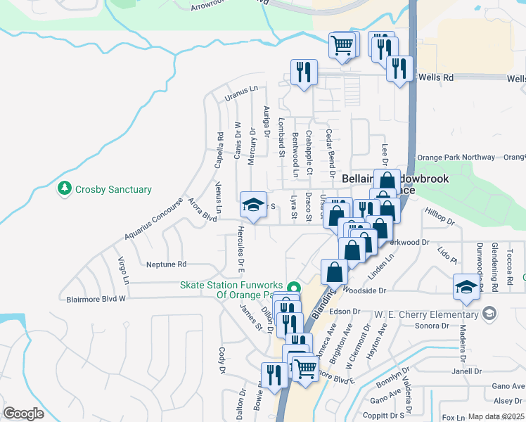 map of restaurants, bars, coffee shops, grocery stores, and more near 320 Canis Drive South in Orange Park
