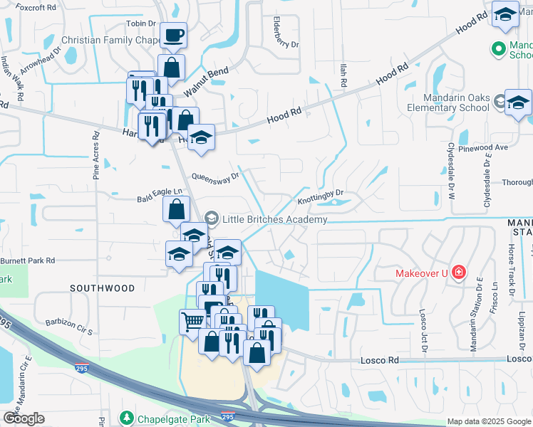 map of restaurants, bars, coffee shops, grocery stores, and more near 4385 Blakeley Court in Jacksonville