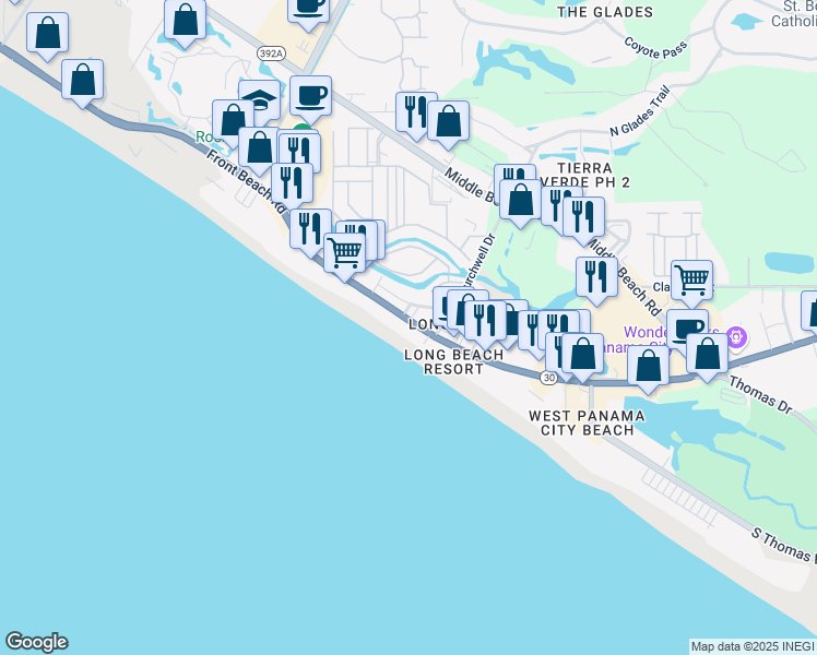 map of restaurants, bars, coffee shops, grocery stores, and more near in Panama City Beach