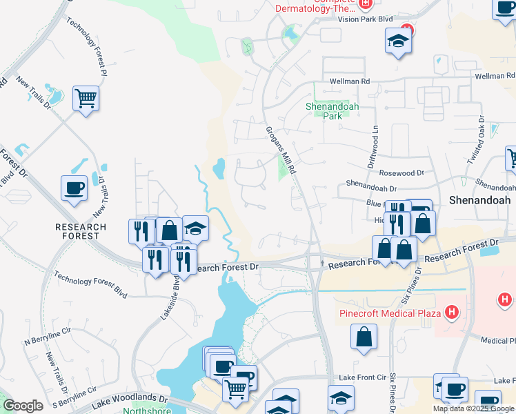 map of restaurants, bars, coffee shops, grocery stores, and more near 63 Pine Brook Court in Spring