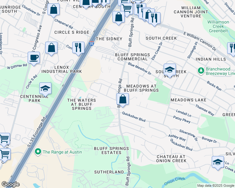 map of restaurants, bars, coffee shops, grocery stores, and more near 7330 Bluff Springs Road in Austin