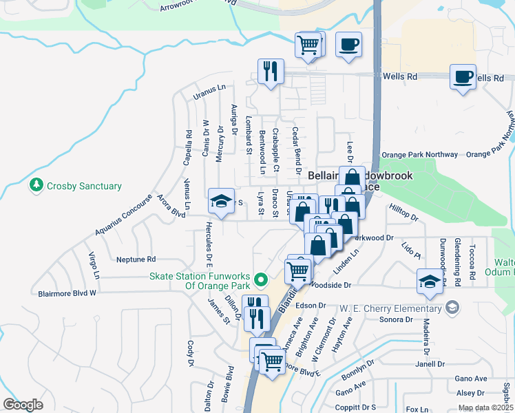 map of restaurants, bars, coffee shops, grocery stores, and more near 143 Lyra Street in Orange Park