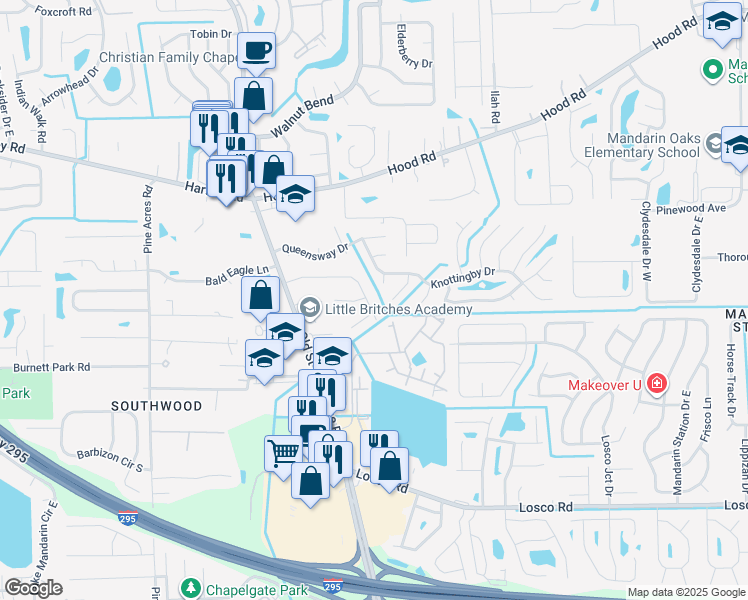 map of restaurants, bars, coffee shops, grocery stores, and more near 4443 Windergate Drive in Jacksonville