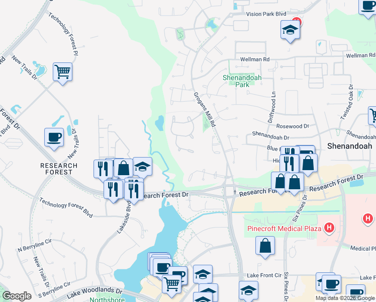 map of restaurants, bars, coffee shops, grocery stores, and more near 57 Pine Brook Court in Spring