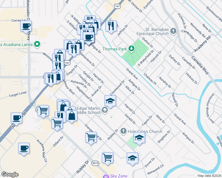 map of restaurants, bars, coffee shops, grocery stores, and more near 351 Harrell Drive in Lafayette