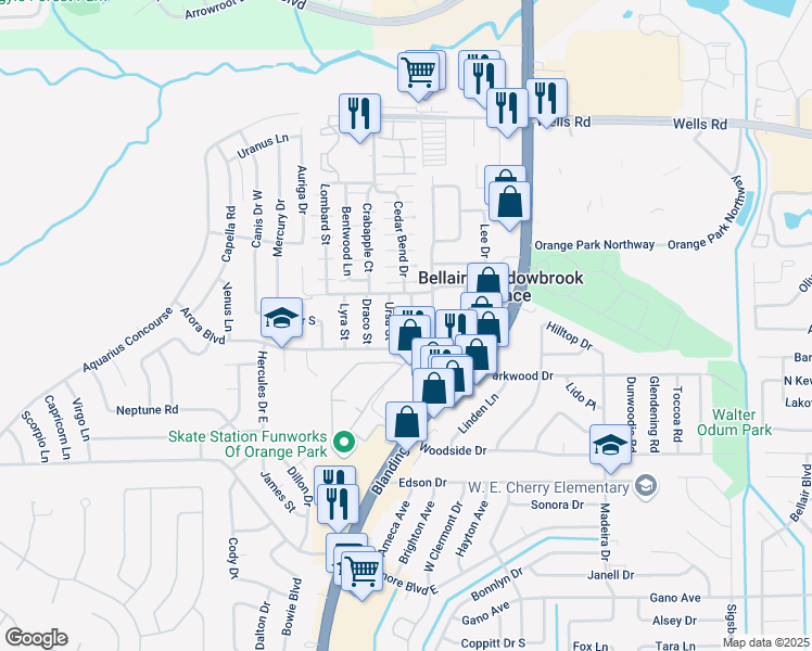 map of restaurants, bars, coffee shops, grocery stores, and more near 143 Orion Street in Orange Park