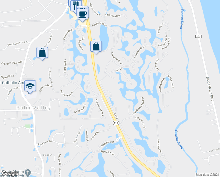 map of restaurants, bars, coffee shops, grocery stores, and more near 2303 Greenside Court in Ponte Vedra Beach