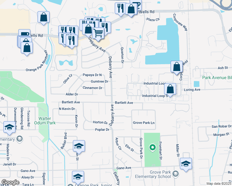 map of restaurants, bars, coffee shops, grocery stores, and more near 1692 Papaya Court in Orange Park
