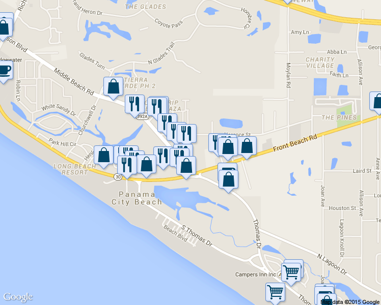 map of restaurants, bars, coffee shops, grocery stores, and more near 9950 Hutchison Boulevard in Panama City Beach