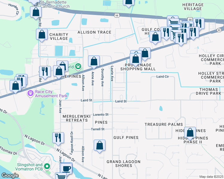 map of restaurants, bars, coffee shops, grocery stores, and more near 2309 Laurie Avenue in Panama City