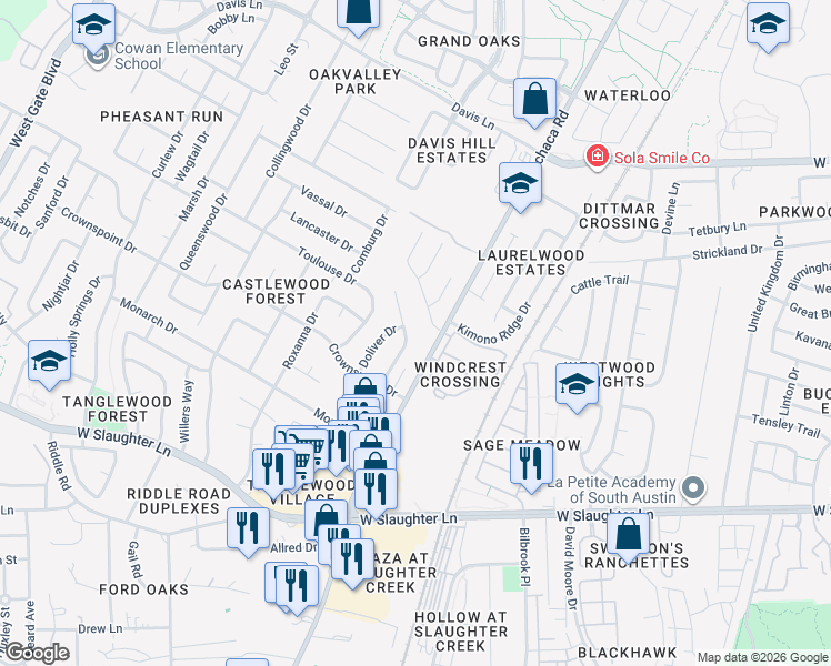 map of restaurants, bars, coffee shops, grocery stores, and more near 9206 Sedgemoor Trail in Austin