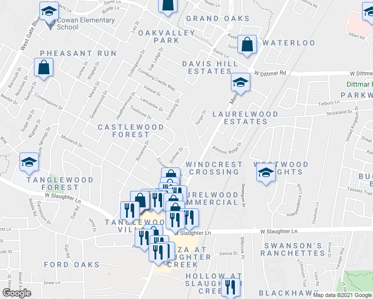map of restaurants, bars, coffee shops, grocery stores, and more near 9306 Doliver Drive in Austin