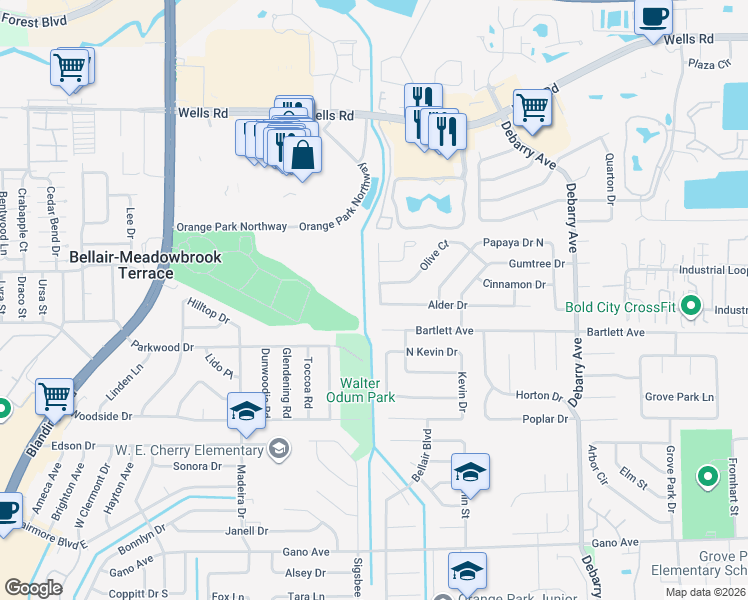 map of restaurants, bars, coffee shops, grocery stores, and more near 1805 West Alder Drive in Orange Park