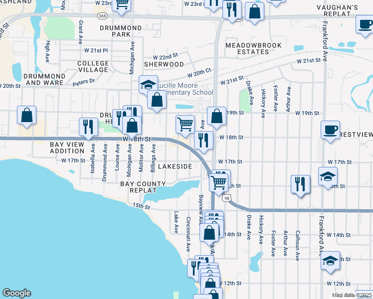 map of restaurants, bars, coffee shops, grocery stores, and more near 3201 U.S. 98 in Panama City