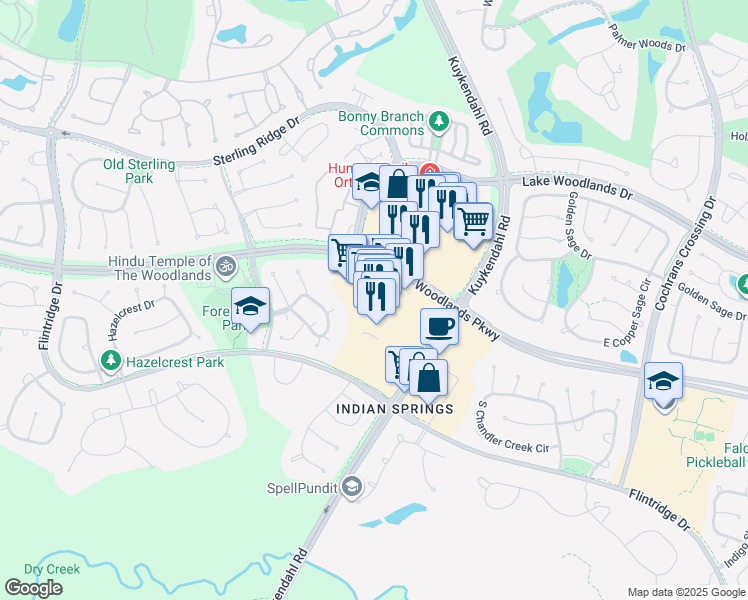 map of restaurants, bars, coffee shops, grocery stores, and more near 6467 Woodlands Pkwy in Spring