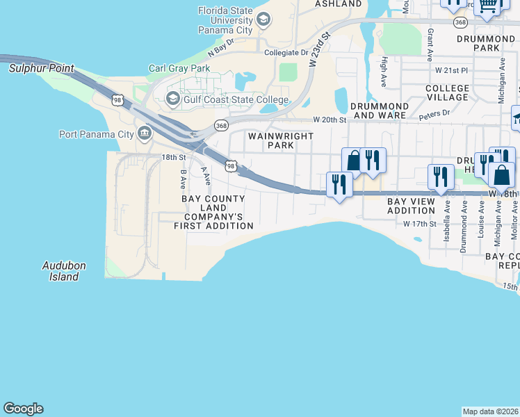 map of restaurants, bars, coffee shops, grocery stores, and more near 1722 Palmetto Avenue in Panama City