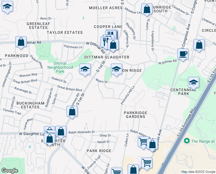 map of restaurants, bars, coffee shops, grocery stores, and more near 8207 Belclaire Lane in Austin