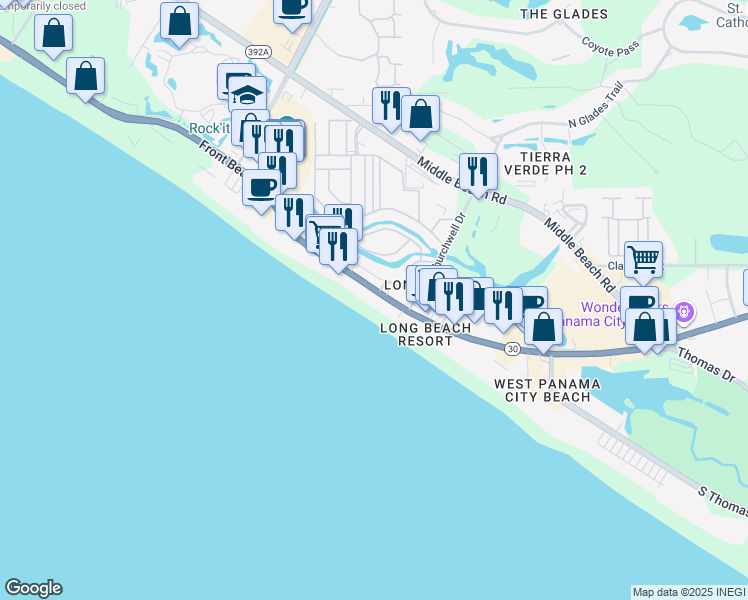 map of restaurants, bars, coffee shops, grocery stores, and more near 10719 Front Beach Road in Panama City Beach