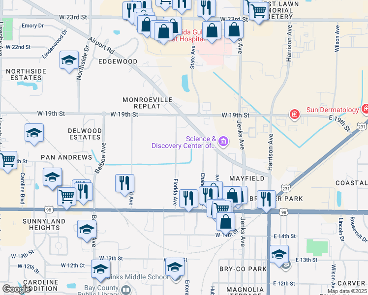 map of restaurants, bars, coffee shops, grocery stores, and more near 1800 Florida Avenue in Panama City