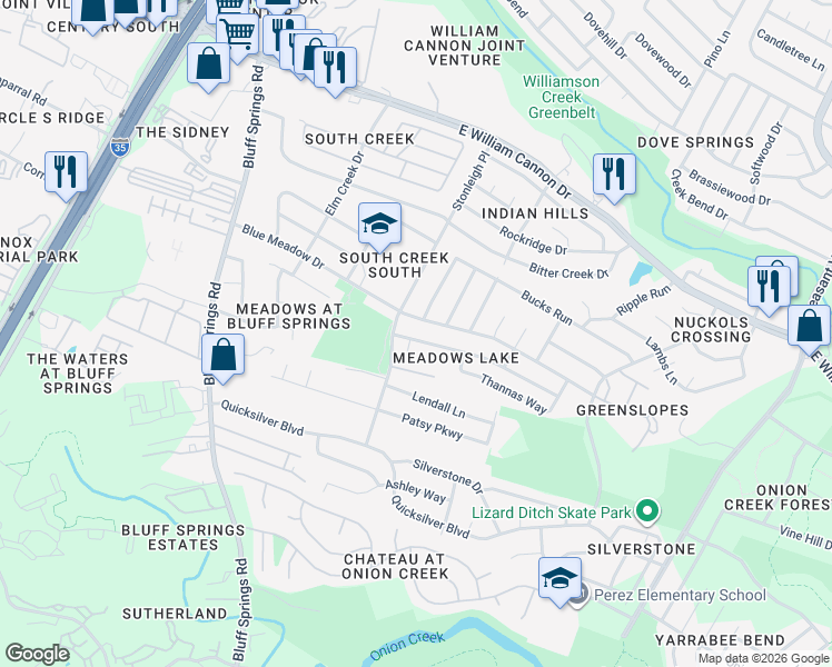 map of restaurants, bars, coffee shops, grocery stores, and more near 2410 Magin Meadow Drive in Austin