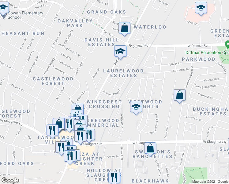 map of restaurants, bars, coffee shops, grocery stores, and more near 9117 Frock Court in Austin