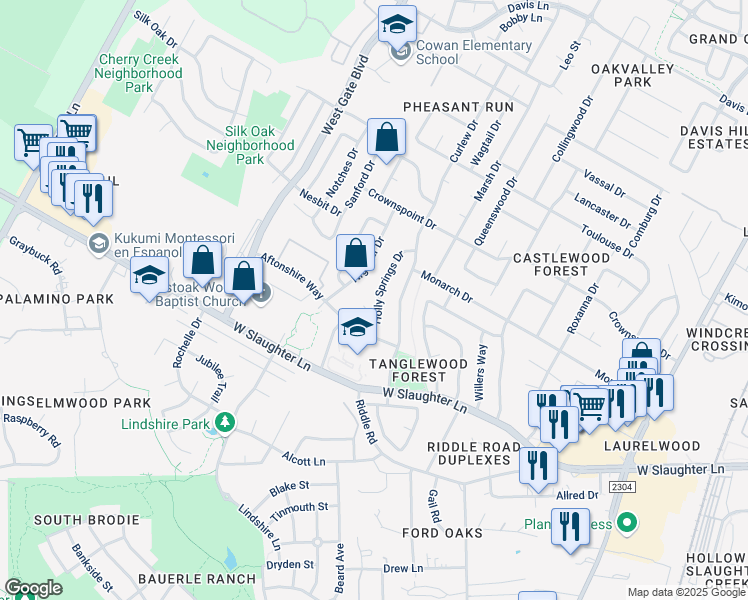 map of restaurants, bars, coffee shops, grocery stores, and more near 9712 Holly Springs Drive in Austin
