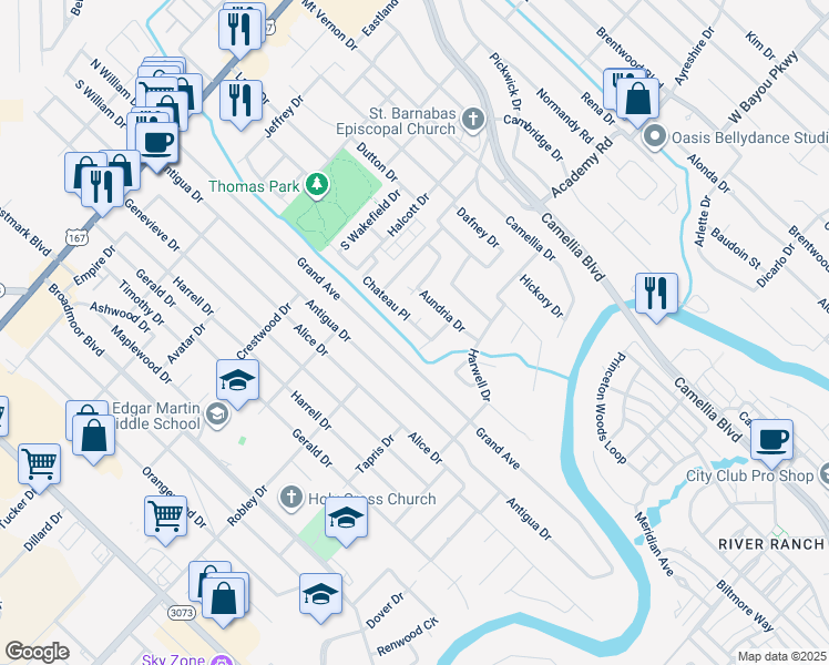 map of restaurants, bars, coffee shops, grocery stores, and more near 416 Chateau Place in Lafayette