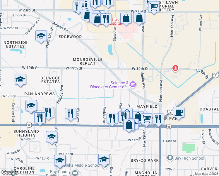 map of restaurants, bars, coffee shops, grocery stores, and more near 1620 Florida Avenue in Panama City