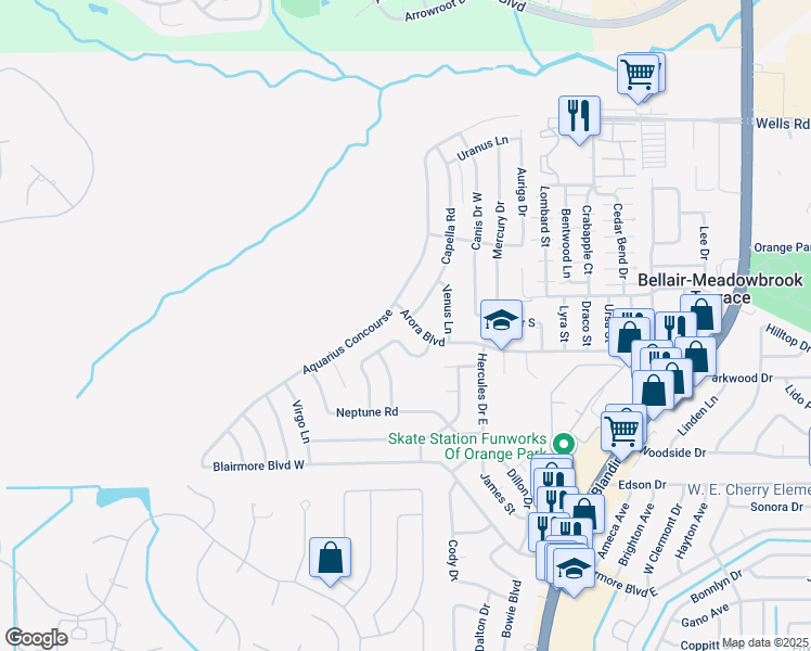 map of restaurants, bars, coffee shops, grocery stores, and more near 438 Aurora Boulevard in Orange Park