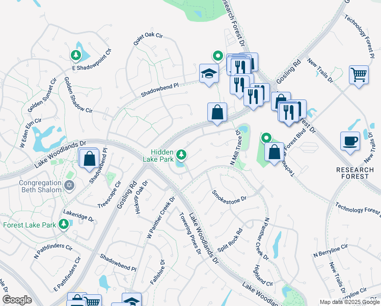 map of restaurants, bars, coffee shops, grocery stores, and more near 22 Spotted Fawn Court in Spring