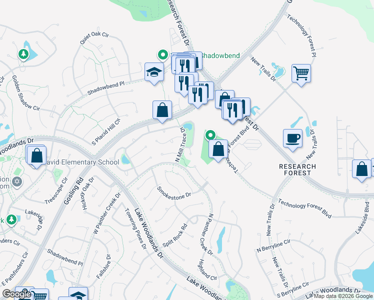 map of restaurants, bars, coffee shops, grocery stores, and more near 271 S Crimson Clover Ct in Spring