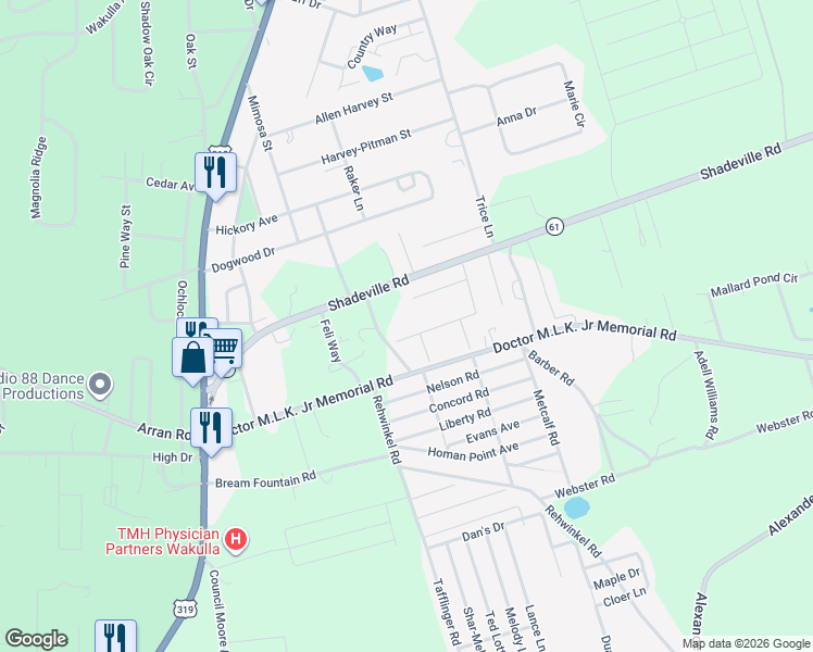map of restaurants, bars, coffee shops, grocery stores, and more near 108 Eagle's Ridge Drive in Crawfordville