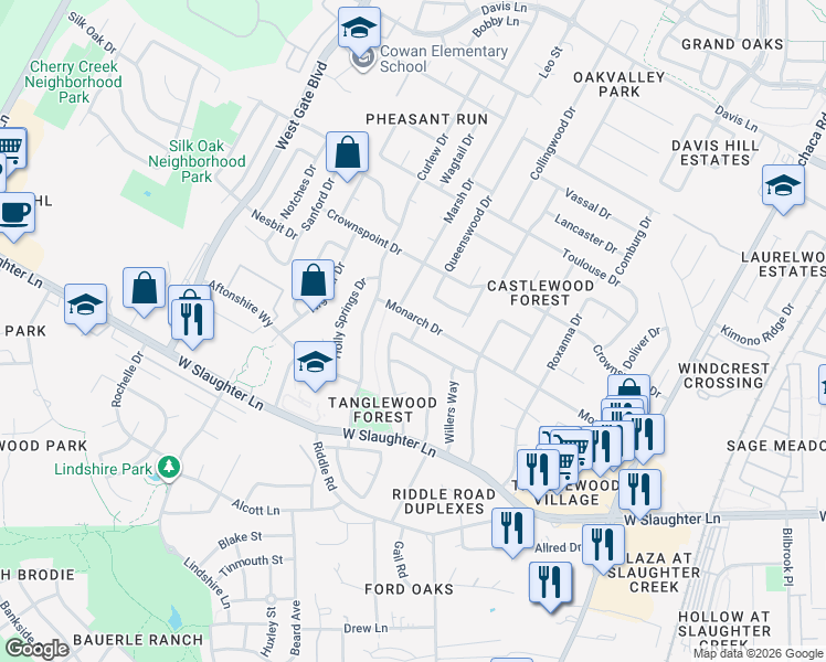 map of restaurants, bars, coffee shops, grocery stores, and more near 286 Princewood Pass in Austin
