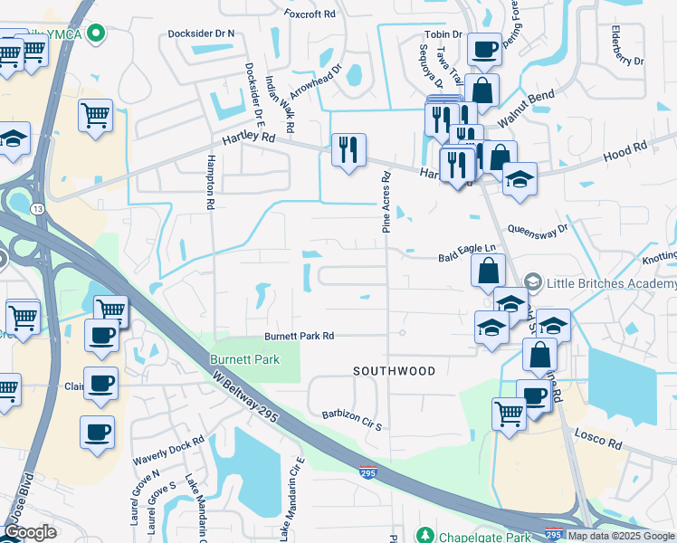 map of restaurants, bars, coffee shops, grocery stores, and more near 3826 English Colony Drive North in Jacksonville