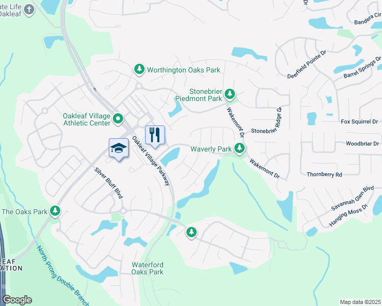 map of restaurants, bars, coffee shops, grocery stores, and more near 838 Timberjack Court in Orange Park